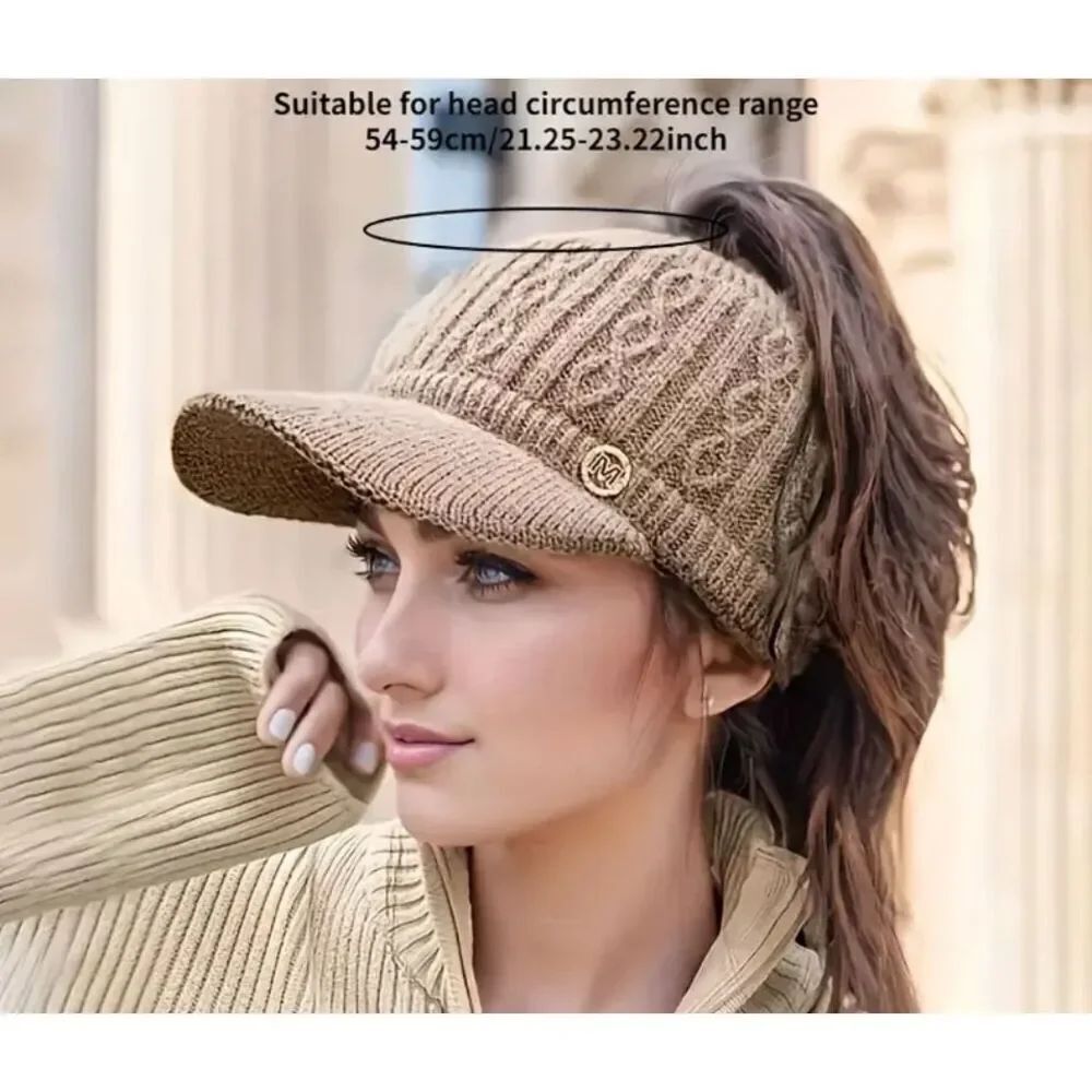 1 LEFT! Womens Knit Beanie Visor Hat W/Ponytail Opening – Beige Fleece Lined-OS
